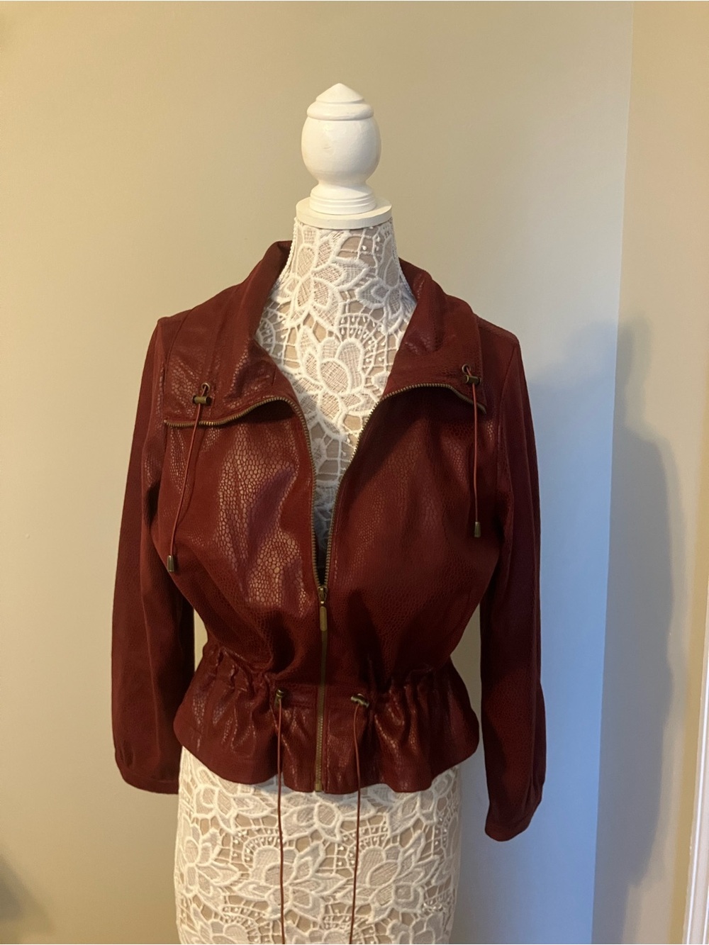 Women’s Drawstring Waist Faux Leather Jacket - Burgundy